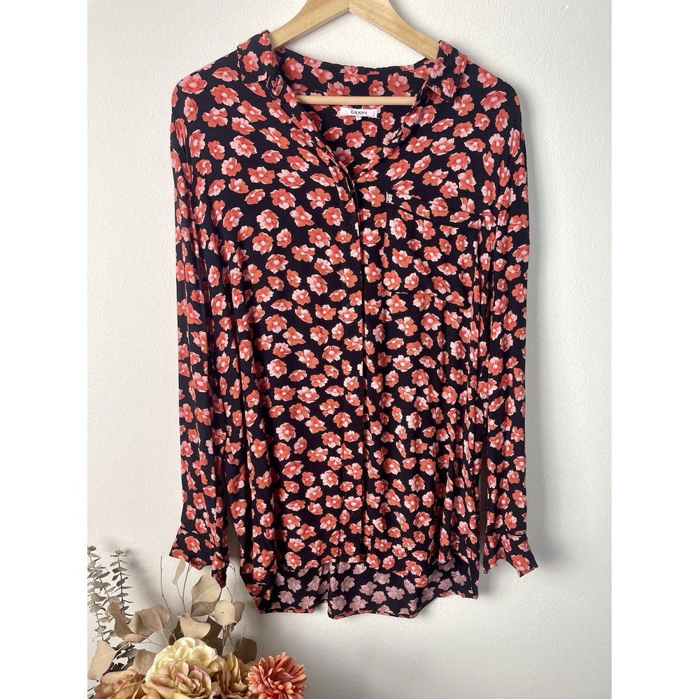 GANNI Floral-Print Button Down Shirt Red‎ Pink Black Size 10 - Picture 6 of 16